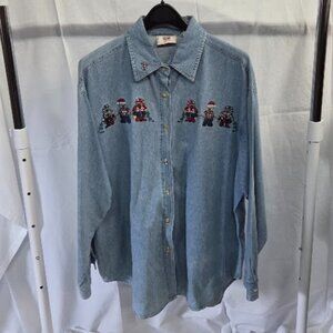 Faded Glory size 20 light blue denim long sleeve button up with Christmas bears